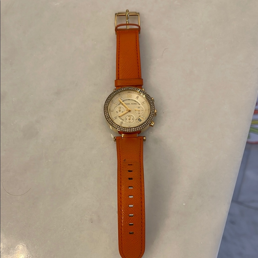 Michael Kors Gold-Tone Watch with Orange Strap